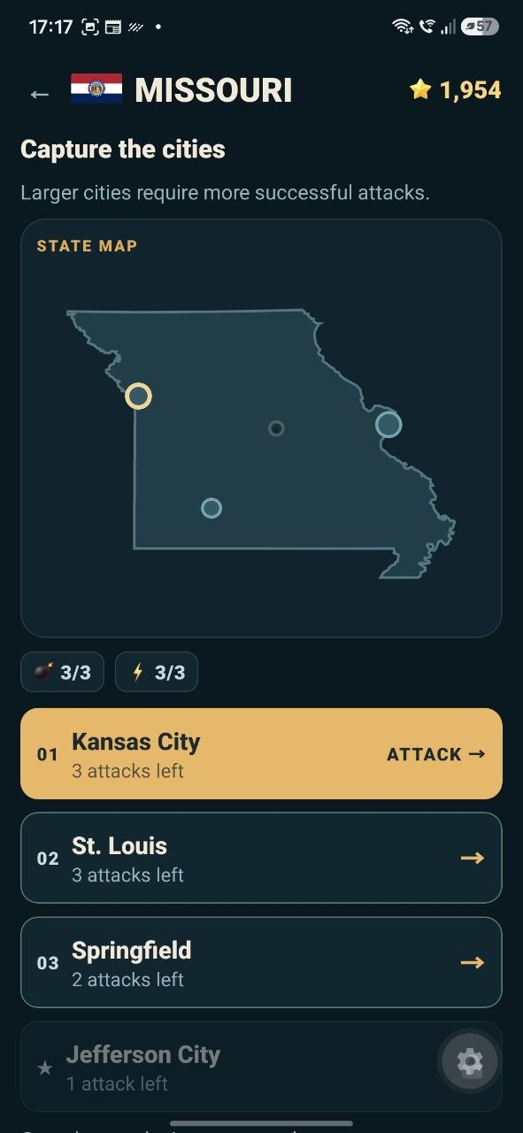 The Missouri state screen with its cities marked on the state outline
