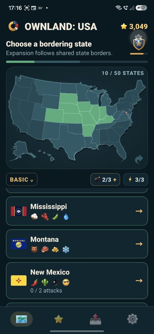The USA map screen from OWNLAND: USA, with secured states in mint