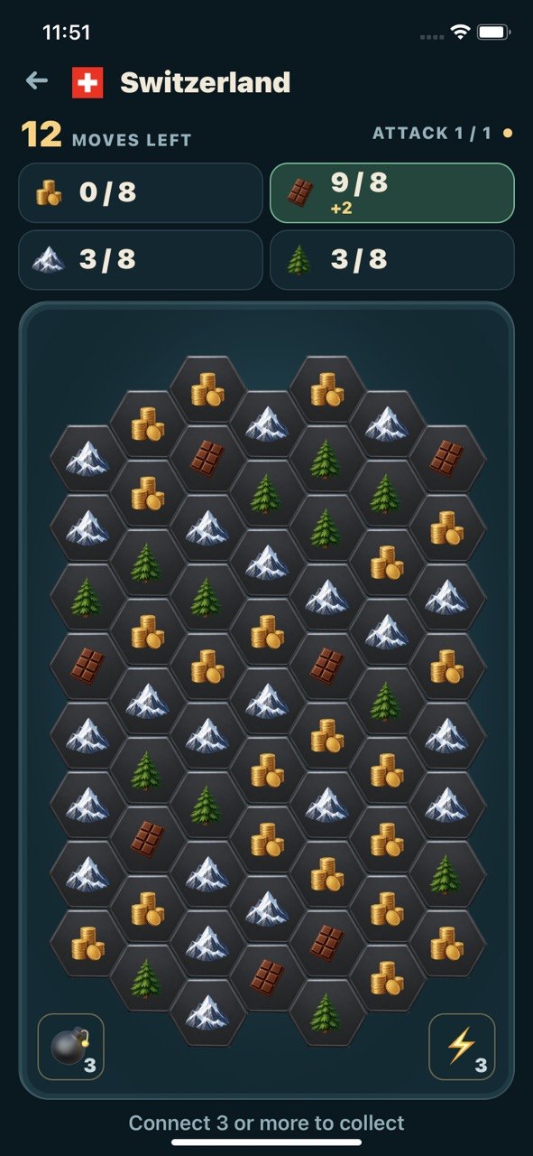 The Switzerland attack board — coins, chocolate, mountains and pines