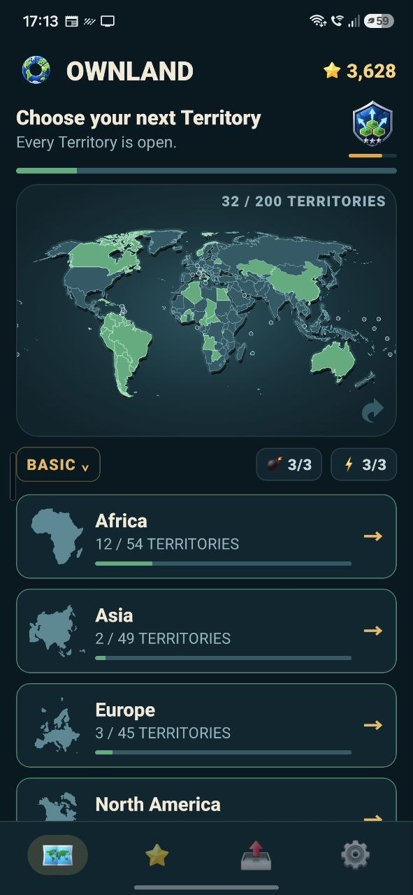 The world map screen from OWNLAND: WORLD, with secured territories in mint