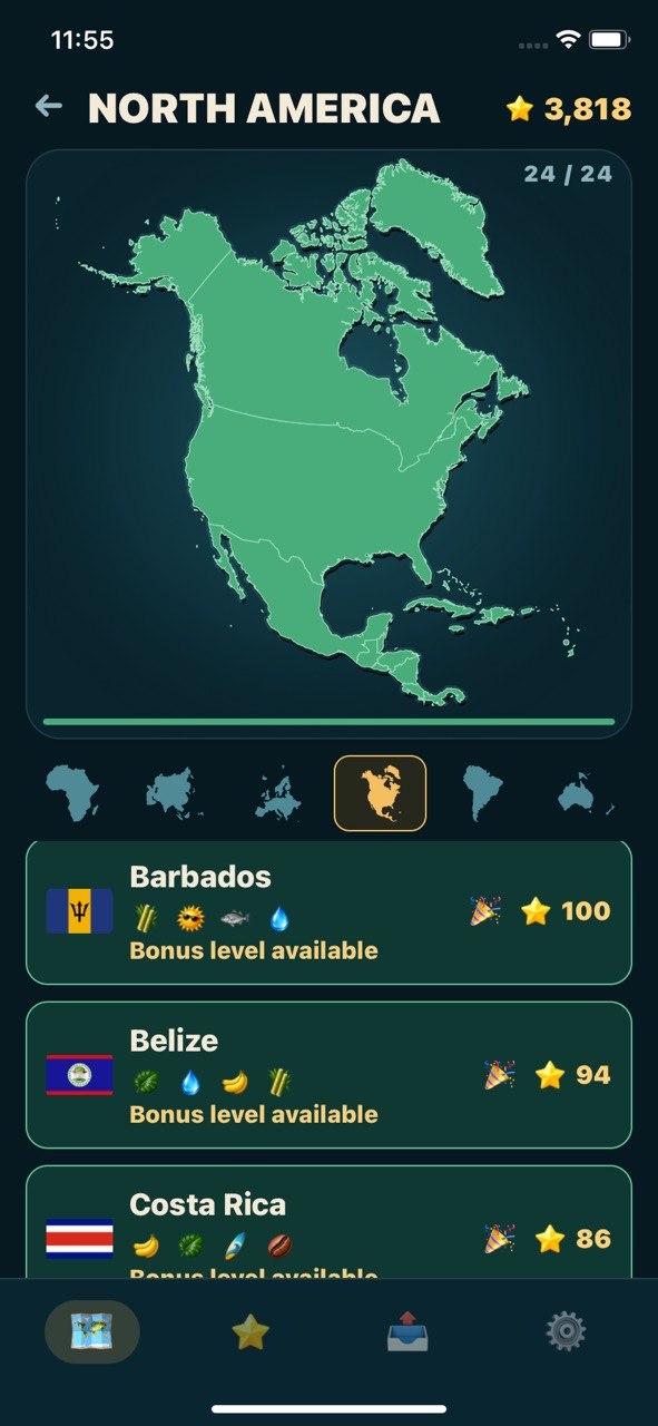 The North America continent screen, fully secured at 24 of 24