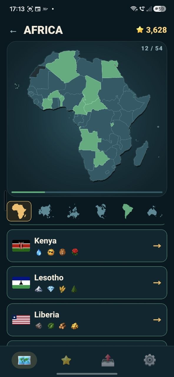 The Africa continent screen showing 12 of 54 territories