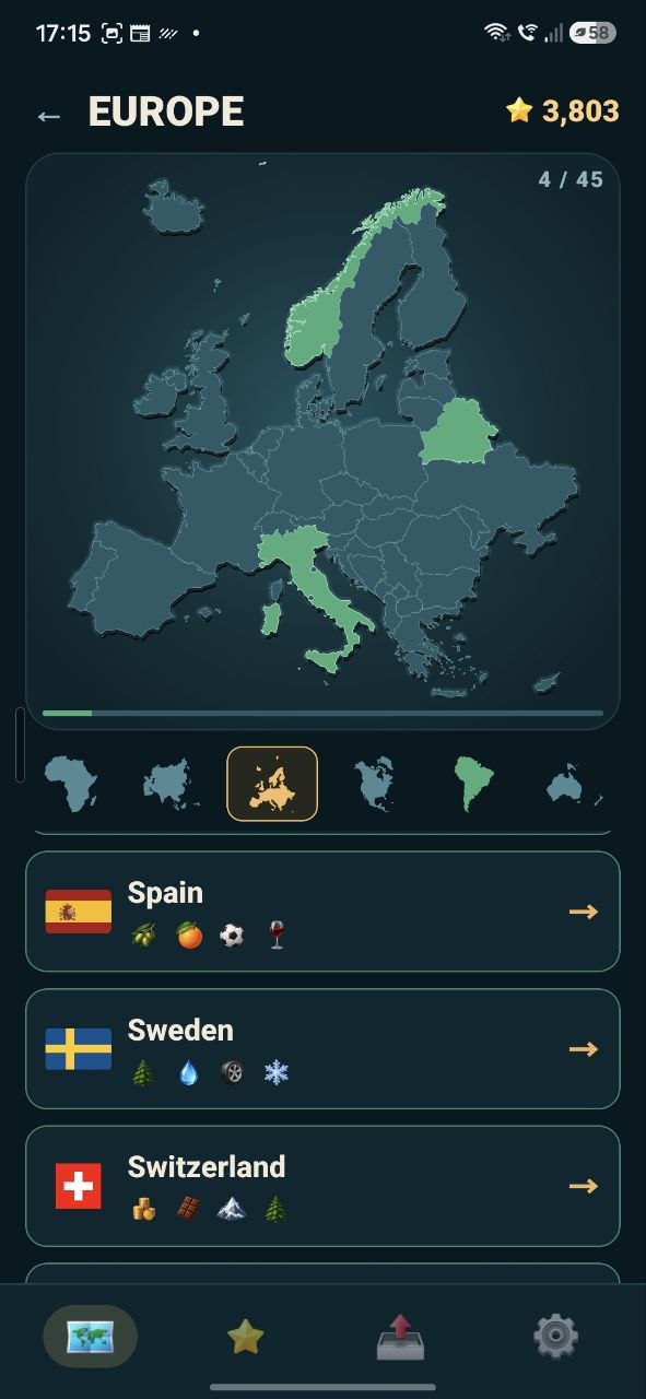 The Europe continent screen with Spain, Sweden and Switzerland listed